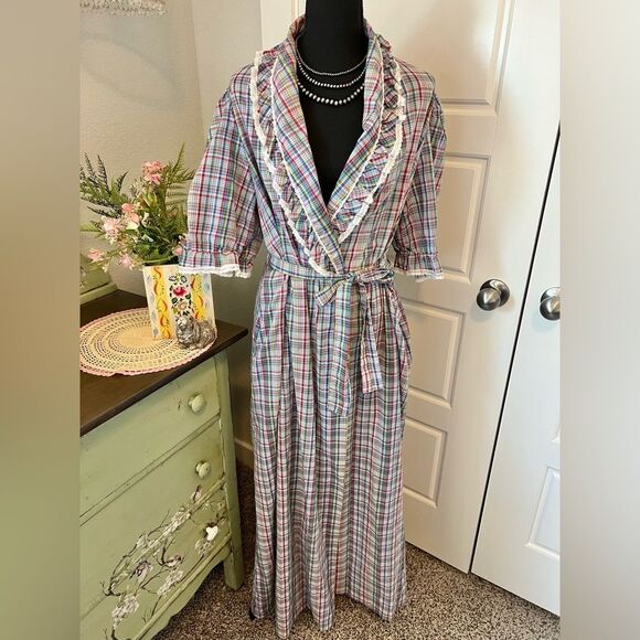 Robert Hunter Vintage 70s Rainbow Plaid Ruffle Puff Sleeve Full Length Robe O/S - Picture 1 of 12
